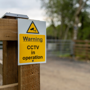 home surveillance warning sign on property entrance