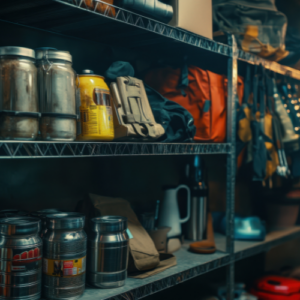 prepper's stockpile on a shelf