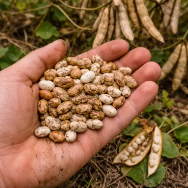A close-up phone-style photo shows a person’s hand holding a small pile of tan, cream, and brown speckled tepary beans, with dried bean pods and garden foliage blurred behind them.