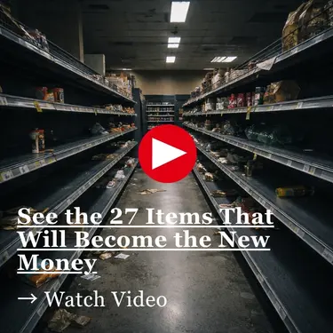 See the 27 Items That Will Become the New Money Dim grocery store aisle with mostly empty shelves on both sides, seen from a person’s-eye view as if walking forward. A few scattered cans, boxes, and bits of packaging remain, while harsh fluorescent lights cast an eerie glow over the bare shelves and scuffed floor.