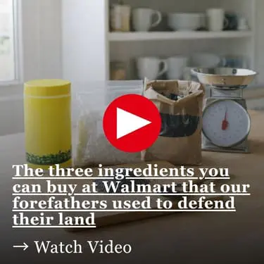 The three ingredients you can buy at Walmart that our forefathers used to defend their land On a bright kitchen counter, three plain containers sit behind a wooden board holding a small pile of dark gray powder and a spoon, with a kitchen scale to the side and blurred dishes on shelves in the background