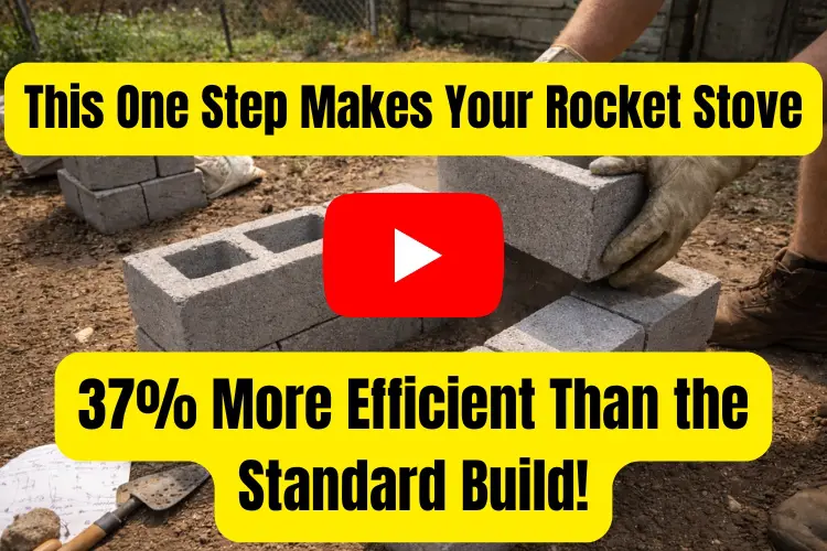 This One Step Makes Your Rocket Stove 37% More Efficient Than the Standard Build! A person wearing work gloves placing a cinder block onto an L-shaped structure made of stacked cinder blocks on bare dirt, with extra blocks piled nearby, a handwritten note, and a metal trowel on the ground.