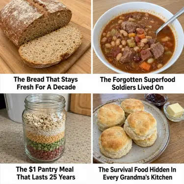 A square four-panel food banner showing homemade pantry foods: dense sliced bread on a cutting board, hearty bean-and-meat stew in a white bowl, a mason jar of layered dry ingredients, and fresh biscuits with butter and jam. Each panel has a bold headline about old-fashioned survival recipes and long-lasting pantry meals.