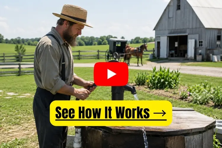 Amish man and an amish well with hand pump