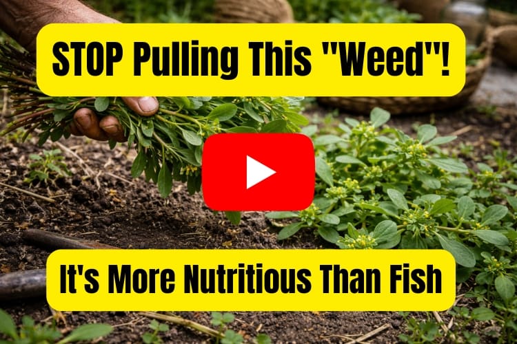 STOP Pulling This Weed It's More Nutritious Than Fish A hand pulling a bunch of fresh purslane from dark garden soil, with pruning shears on the ground and woven baskets filled with harvested purslane in the background