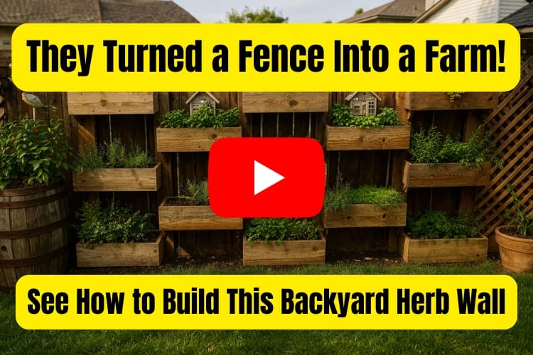 They Turned a Fence Into a Farm! See How to Build This Backyard Herb Wall A backyard fence with stacked wooden planter boxes arranged as a vertical garden, filled with herbs and leafy plants, with a grassy lawn in front.
