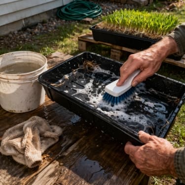 Hands scrubbing a black growing tray with soapy water on an outdoor table, with a bucket and green sprouts nearby.