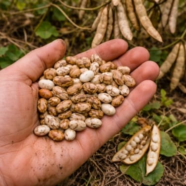 A close-up phone-style photo shows a person’s hand holding a small pile of tan, cream, and brown speckled tepary beans, with dried bean pods and garden foliage blurred behind them.