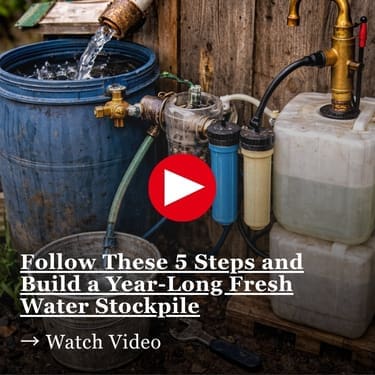 A homemade water filtration system with water pouring from a brass spigot into a blue barrel, connected by hoses to multiple filter canisters and white plastic water jugs, set up against a weathered wooden wall outdoors.