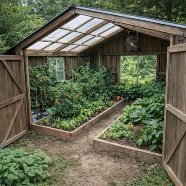 Amateur backyard photo of a weathered wooden shed converted into a greenhouse, with the doors open and part of the roof replaced by clear panels. Inside are simple raised beds with common vegetable plants growing in bare soil, viewed from just outside the shed.