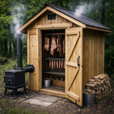 Backyard photo of a small wooden smokehouse with a black stove attached by a metal pipe on the left side. The door is partly open, showing a simple rack inside, with split firewood and a metal bucket beside the shed in a wooded setting.