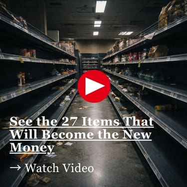 See the 27 Items That Will Become the New Money Dim grocery store aisle with mostly empty shelves on both sides, seen from a person’s-eye view as if walking forward. A few scattered cans, boxes, and bits of packaging remain, while harsh fluorescent lights cast an eerie glow over the bare shelves and scuffed floor.