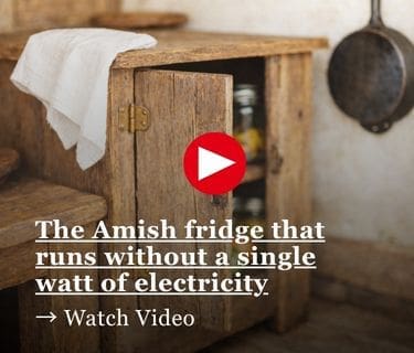 The Amish fridge that runs without a single watt of electricity Bright natural light falls on a rustic wooden cabinet with a slightly open door in an old farmhouse kitchen, revealing glass jars and fresh produce inside; a white linen cloth rests on top, and a cast-iron pan hangs on the wall nearby.