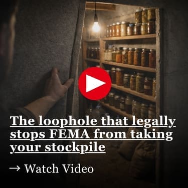 The loophole that legally stops FEMA from taking your stockpile A man's hand pushing open a concealed concrete wall to reveal a hidden basement room with wooden shelves stocked with rows of canning jars, large water jugs on the floor, and burlap sacks, lit by a single bare bulb hanging from the ceiling