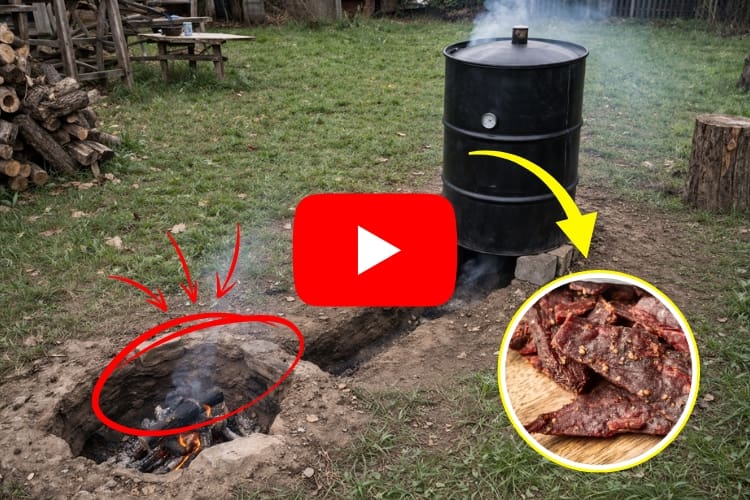 backyard smokehouse made from a black metal barrel beside an open fire pit, with smoke rising through the scene.