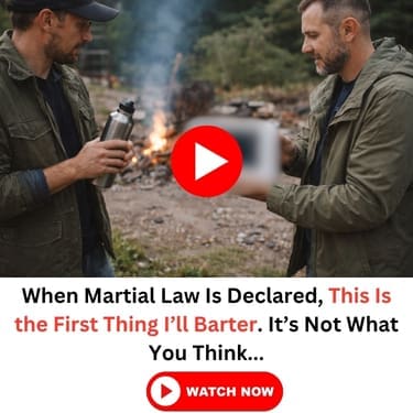 When Martial Law Is Declared, This Is the First Thing I’ll Barter. It’s Not What You Think... Two men in green jackets and caps standing near a campfire in the woods, one holding a metal flask, the other looking at it