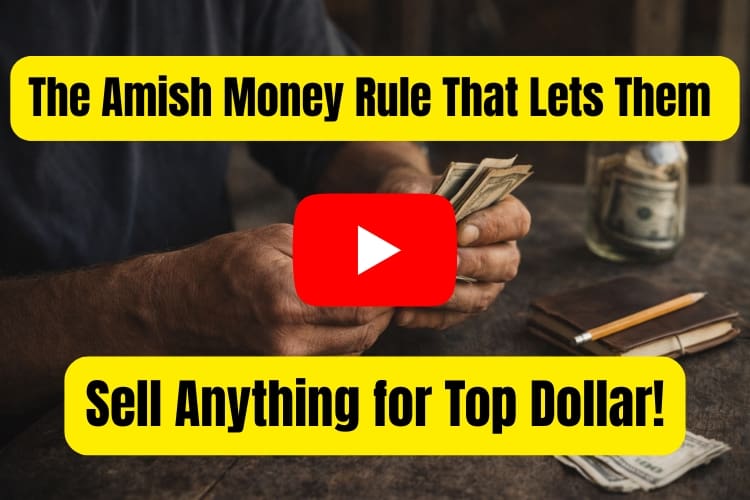 The Amish Money Rule That Lets Them Sell Anything for Top Dollar! Weathered hands counting a fold of worn cash bills over a dark wooden table, with a leather notebook, pencil, and a mason jar with folded bills in the background, lit by warm natural light.