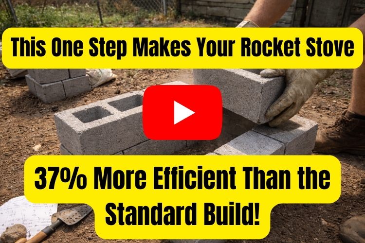 This One Step Makes Your Rocket Stove 37% More Efficient Than the Standard Build! A person wearing work gloves placing a cinder block onto an L-shaped structure made of stacked cinder blocks on bare dirt, with extra blocks piled nearby, a handwritten note, and a metal trowel on the ground.