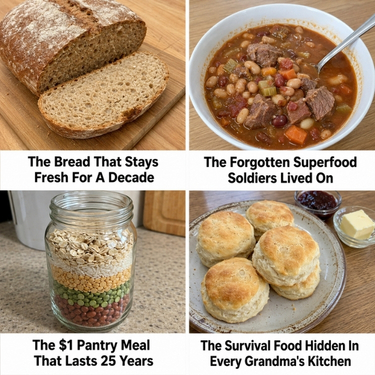 A square four-panel food banner showing homemade pantry foods: dense sliced bread on a cutting board, hearty bean-and-meat stew in a white bowl, a mason jar of layered dry ingredients, and fresh biscuits with butter and jam. Each panel has a bold headline about old-fashioned survival recipes and long-lasting pantry meals.