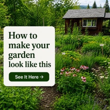 A lush medicinal herb garden on a homestead with colorful flowers, green plants, garden markers, and a rustic wooden shed in the background. A large text box on the left reads “How to make your garden look like this” with a green “See It Here” button.