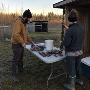 people looking at a table with tools
