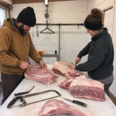 People cutting pork meat