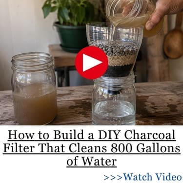 How to Build a DIY Charcoal Filter That Cleans 800 Gallons of Water Person showing how the filter works. Dirty water in a mason jar. then he uses the filter and the water is crystal clear.