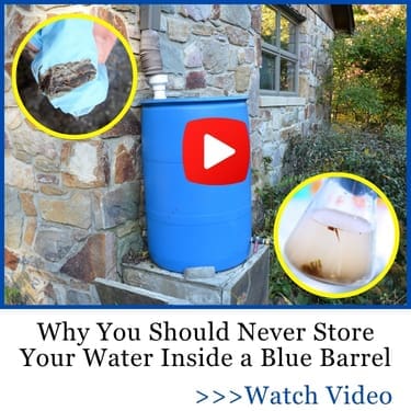 Why You Should Never Store Your Water Inside a Blue Barrel photo of a blue barrel and red play button