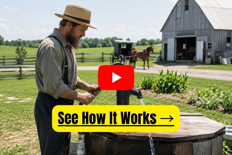 Amish man and an amish well with hand pump