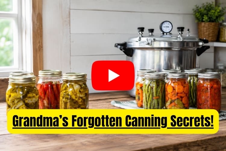 Pressure canner surrounded by jars of preserved vegetables, with the text “Grandma’s Forgotten Canning Secrets!”