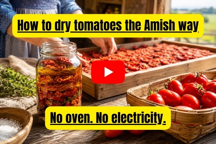 Amish-style sun-dried tomatoes being prepared on a wooden drying tray, with fresh tomatoes, a jar of tomatoes in oil, and the text “No oven. No electricity.”