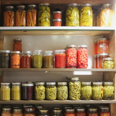 pantry with mason jars with food perserved