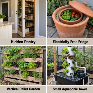Four DIY self-sufficiency projects for homesteaders: a hidden pantry for food storage, an electricity-free clay pot fridge, a vertical pallet garden for growing vegetables, and a small aquaponic tower for growing fresh greens in limited space.