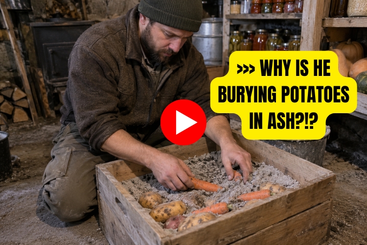 WHY IS HE BURYING POTATOES IN ASH! photo of man burying potatoes and carrots in ash 